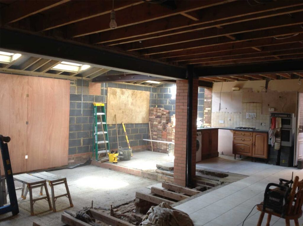 Single storey extension showing working kitchen during construction